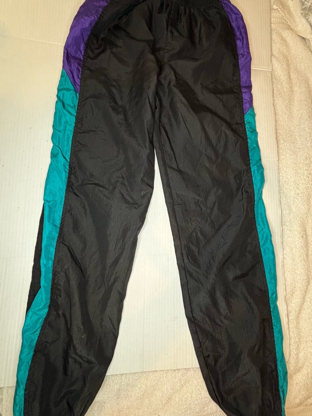 Men's Black Track Joggers with Teal and Purple Colorblock Side Panels VTG